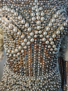 Luxury Pearls Rhinestones Flower Sleeve Bodysuit