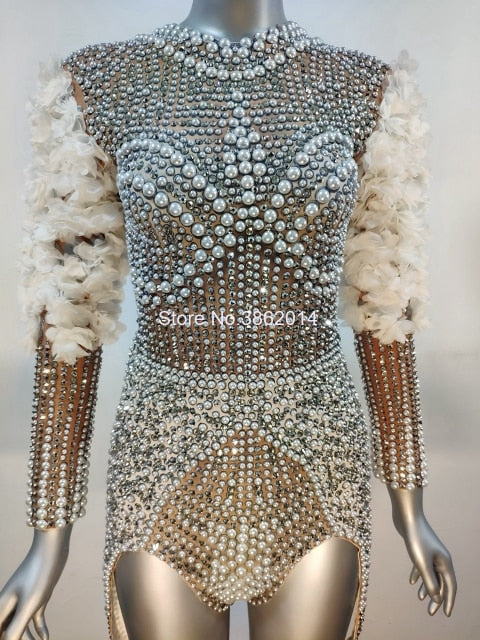 Luxury Pearls Rhinestones Flower Sleeve Bodysuit