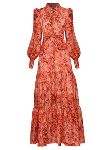 Vintage Elegant Lapel Long Sleeve Button Printing Party Dress