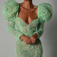 Load image into Gallery viewer, Green floral puff sleeve bodycon dress