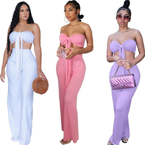 Two Piece Pants Set Tied Tube Top & Solid Regular Long Pants Suits
