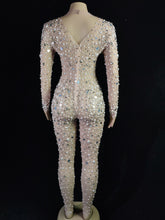 Load image into Gallery viewer, Luxury Pearls Mirrors Rhinestones Mesh Transparent Jumpsuit