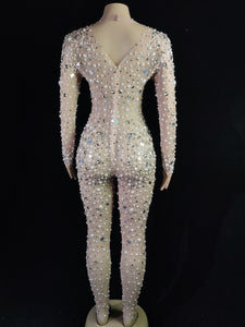 Luxury Pearls Mirrors Rhinestones Mesh Transparent Jumpsuit