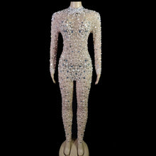 Load image into Gallery viewer, Luxury Pearls Mirrors Rhinestones Mesh Transparent Jumpsuit