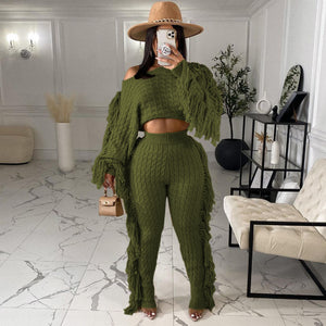 Tassel Knitted Sweater Sexy Two Piece Set