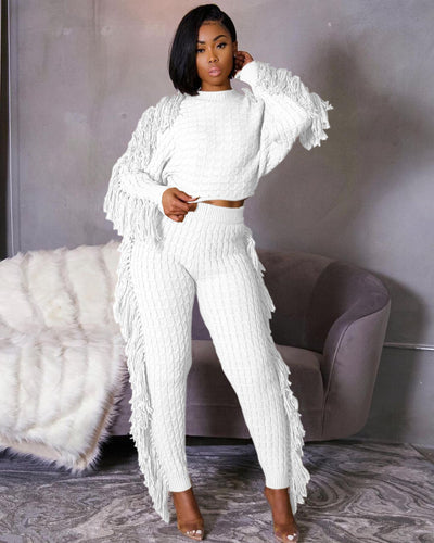 Tassel Knitted Sweater Sexy Two Piece Set