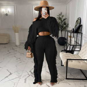 Tassel Knitted Sweater Sexy Two Piece Set
