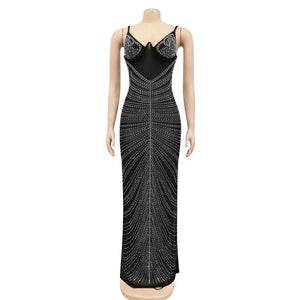 Mesh Sheer Rhinestones Maxi Dress