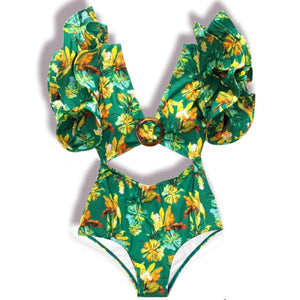 Ruffle Floral Print One Piece Swimwear