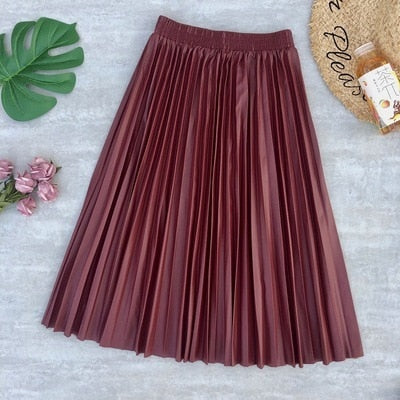 Autumn  PU Leather Pleated Skirt