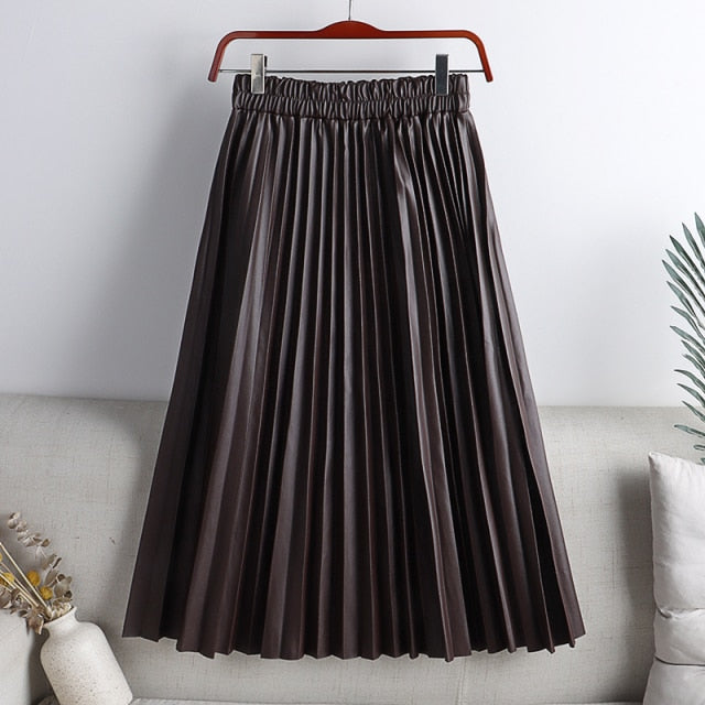 Autumn  PU Leather Pleated Skirt