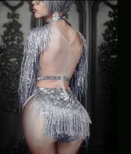 Load image into Gallery viewer, Sparkly Rhinestone gray Fringes Bodysuit