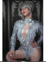 Load image into Gallery viewer, Sparkly Rhinestone gray Fringes Bodysuit