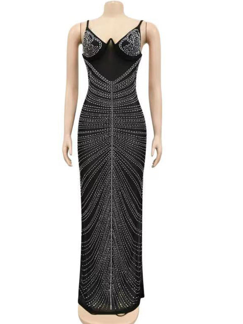 Mesh Sheer Rhinestones Maxi Dress