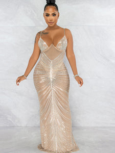 Mesh Sheer Rhinestones Maxi Dress