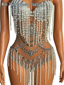 Sparkly Rhinestones Pearls Bodysuit  Costume