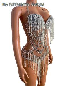 Sparkly Rhinestones Pearls Bodysuit  Costume