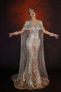 Silver Sequins Crystals Transparent  Dress