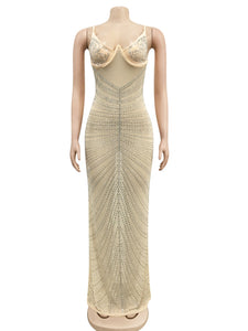 Mesh Sheer Rhinestones Maxi Dress