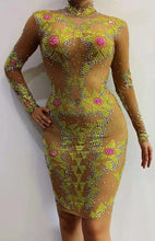 Load image into Gallery viewer, Sparkly Rhinestones Printed Mesh Bodycon Dress