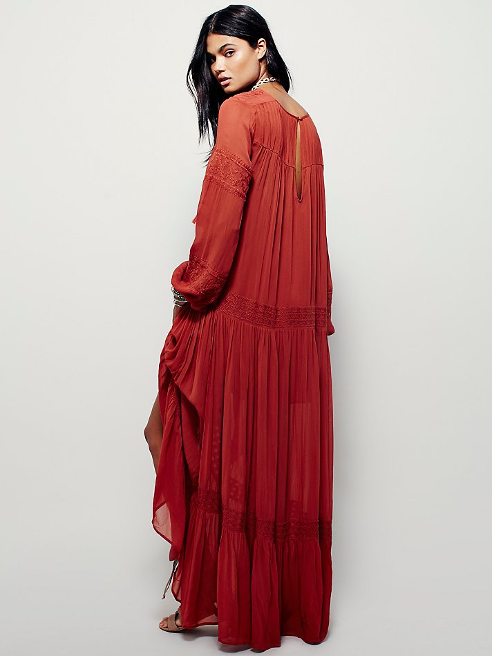 Vintage Long Sleeve Embroideried Orange Red Maxi Dress