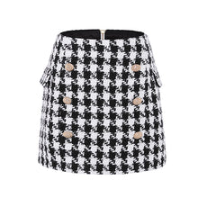 Load image into Gallery viewer, Runway Designer Skirt  Lion Buttons Double Breasted Tweed Wool Houndstooth Mini Skirt