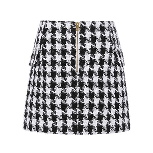 Runway Designer Skirt  Lion Buttons Double Breasted Tweed Wool Houndstooth Mini Skirt