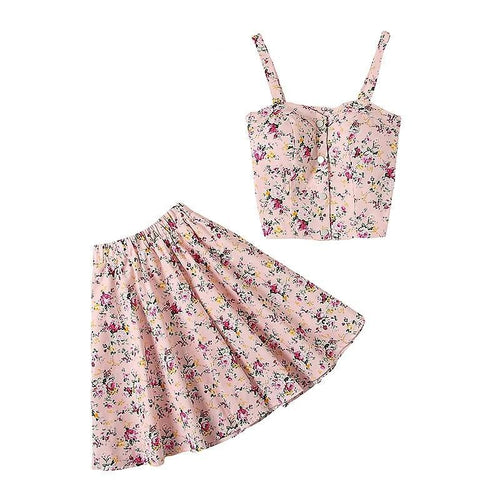 New Arrived Single Breasted Floral Tank Top + Mini Skirt