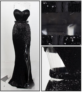 Black Bra Open Back Back Pleated Sequins Slim Dress Party