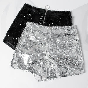 Sequin Shorts High Waist O-Ring Zip Front Bodycon