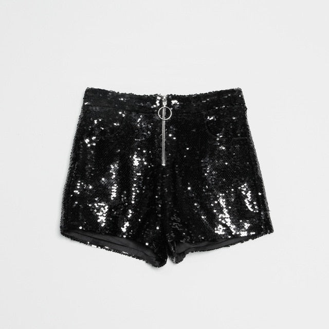 Sequin Shorts High Waist O-Ring Zip Front Bodycon
