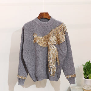Winter Handmade Beading Sequined Pattern  Long Sleeve Knitted