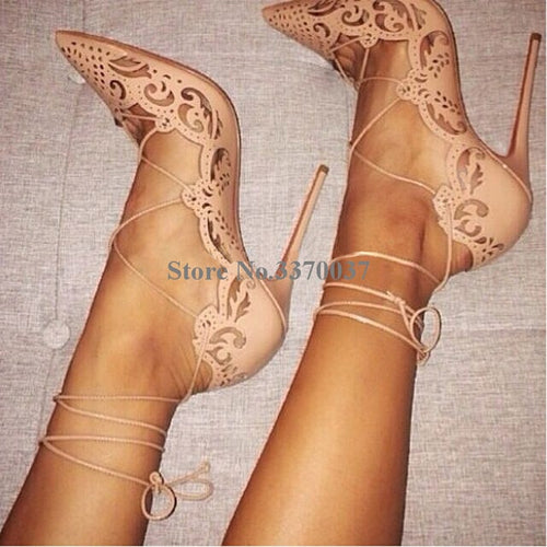 Pointed Toe Gold Carved Thin Heel Pumps
