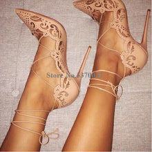Load image into Gallery viewer, Pointed Toe Gold Carved Thin Heel Pumps