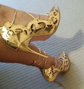 Pointed Toe Gold Carved Thin Heel Pumps
