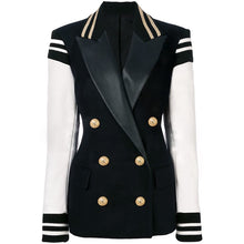 Load image into Gallery viewer, Designer Blazer  Leather Patchwork Double Breasted Blazer Jacket