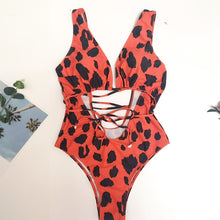 Load image into Gallery viewer, Red leopard swimsuit one piece Bandage sexy bikini Push up