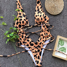 Load image into Gallery viewer, Red leopard swimsuit one piece Bandage sexy bikini Push up