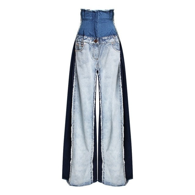 Casual Denim Patchwork  Trousers High Waist Hit Color