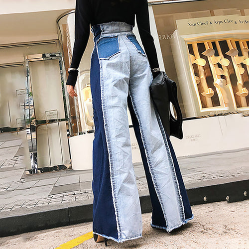 Casual Denim Patchwork  Trousers High Waist Hit Color