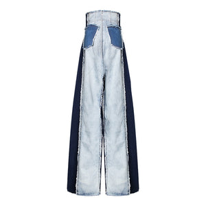 Casual Denim Patchwork  Trousers High Waist Hit Color
