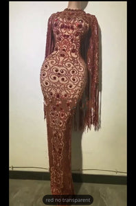 Mesh See Through Sparkly Crystals Long Dress